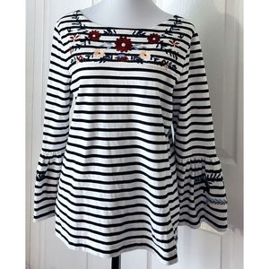 J Crew Top Womens Sz M White Black Striped Floral 3/4 Bell Sleeve Shirt Blouse